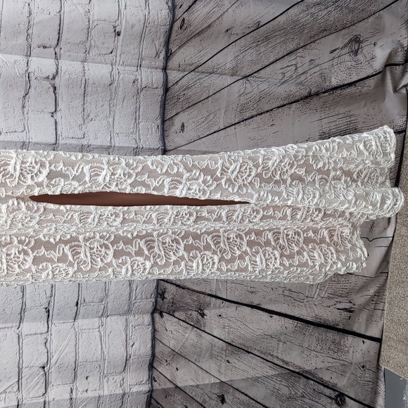 Long Lace Dress with Cutaway Bodice and Slit Skirt - Picture 3 of 14